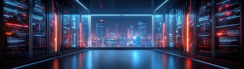 Futuristic skyscrapers with neon lights, cyberpunk, chrome and neon, digital rendering
