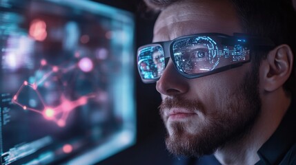 Futuristic Virtual Reality Technology: Man with Smart Glasses Engaged in Digital Interface Display