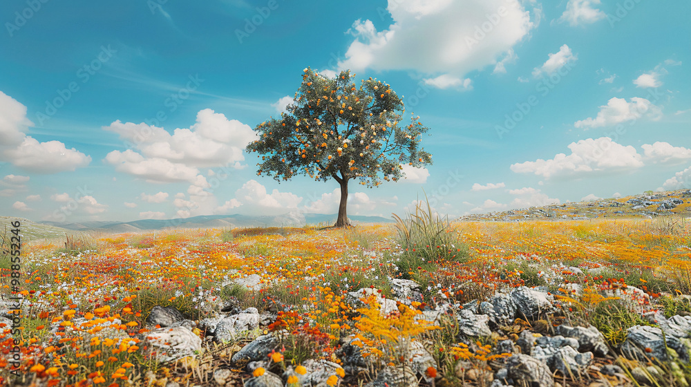Poster scenic field with colorful blooms on the left side and rocky terrain on the right and with a single 