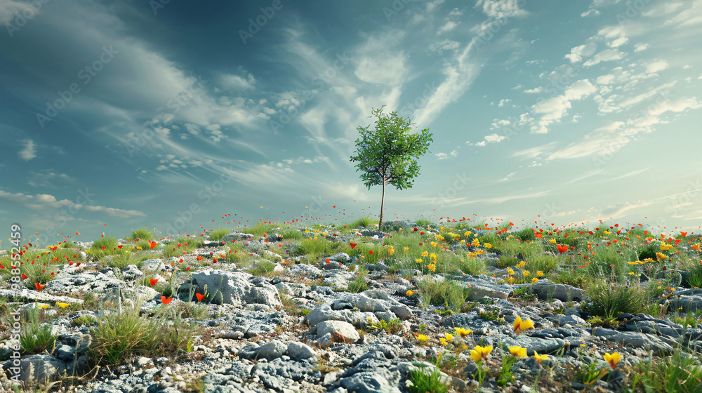Poster scenic field with colorful blooms on the left side and rocky terrain on the right and with a single 