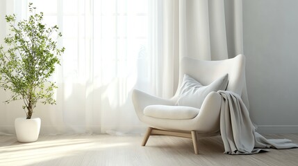A white armchair with a throw blanket next to a large window with white curtains and a potted plant.
