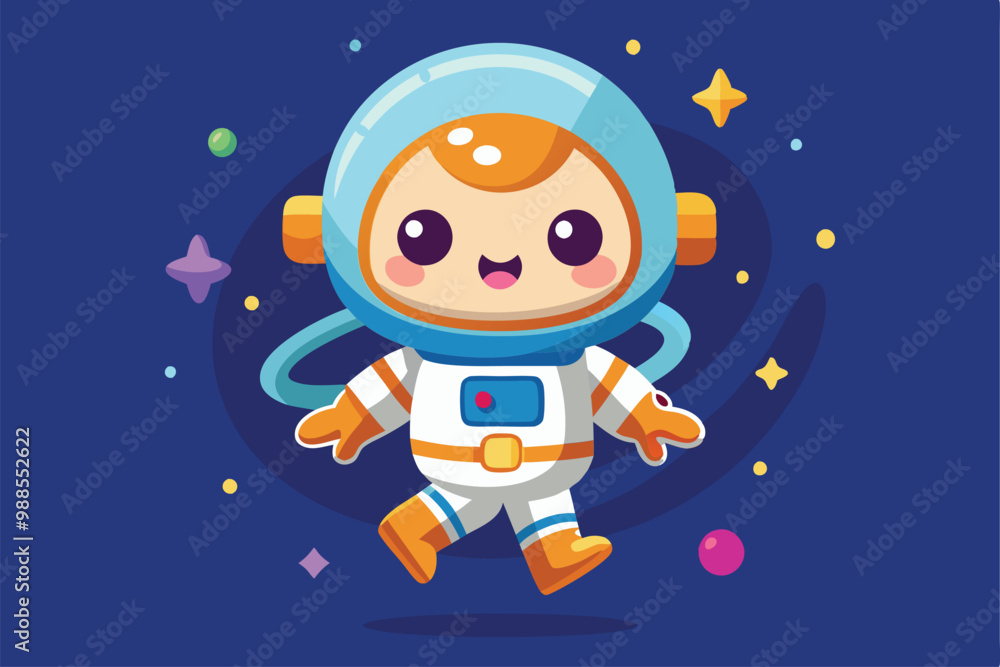 Poster a cute astronaut character enjoys a playful adventure in a colorful outer space setting, a cartoon c