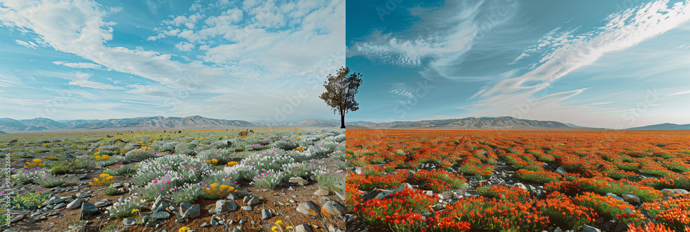 Poster scenic field with colorful blooms on the left side and rocky terrain on the right and with a single 