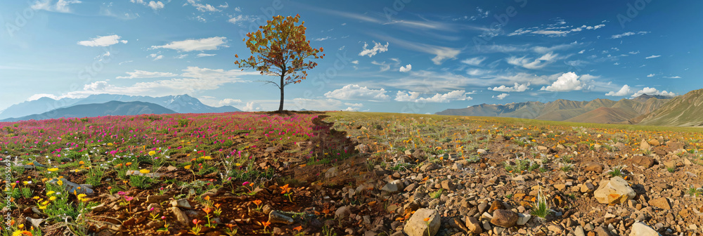 Poster scenic field with colorful blooms on the left side and rocky terrain on the right and with a single 