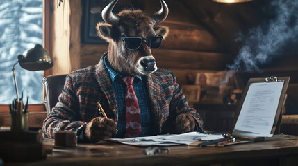 Fototapeta premium A yak in a woolen suit sitting at a rustic desk in a mountain cabin, reviewing business plans.