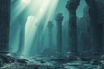 Surreal underwater scene with ancient ruins, fantasy, cool tones, digital painting
