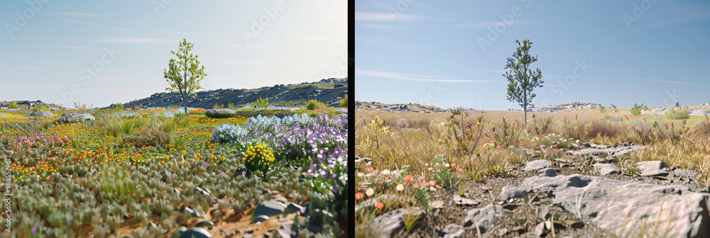 Poster scenic field with colorful blooms on the left side and rocky terrain on the right and with a single 