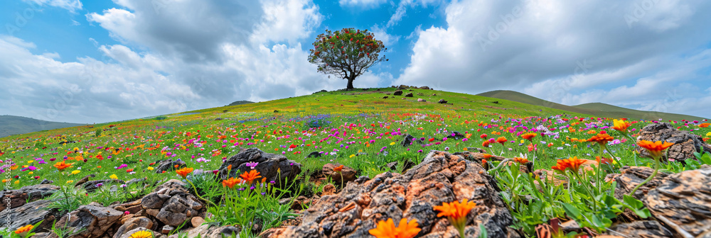 Poster scenic field with colorful blooms on the left side and rocky terrain on the right and with a single 