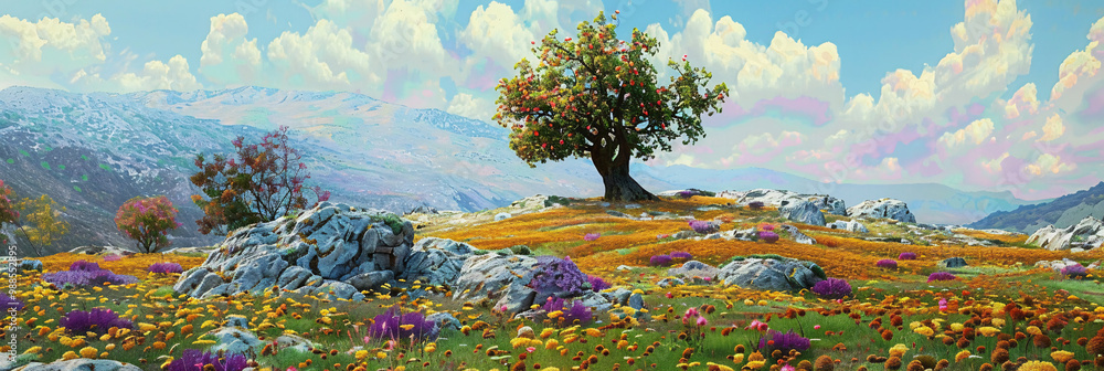 Poster scenic field with colorful blooms on the left side and rocky terrain on the right and with a single 