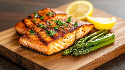 Grilled Salmon with Lemon and Asparagus on Cutting Board