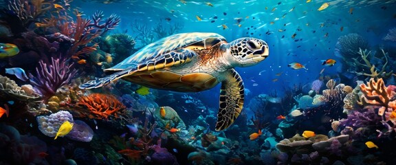 Obraz premium A vibrant underwater scene of a large sea turtle gliding gracefully through a colorful coral reef. Schools of tropical fish swim around, showcasing the rich biodiversity of marine life in a serene
