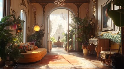 A warm room decorated with lamps and decorative plants