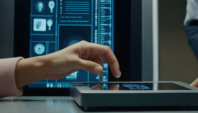Woman employee scanning fingerprint on the machine to record working time modern security device digital display  authentication process