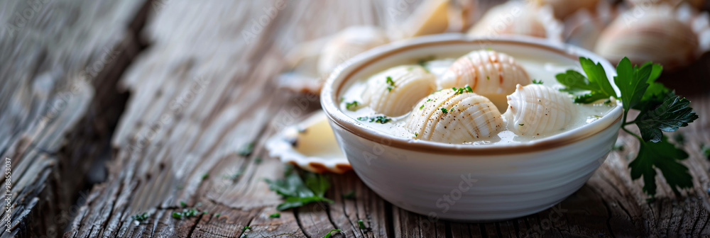 Poster seashells holding clam chowder. seaside boardwalk setting. with space for text