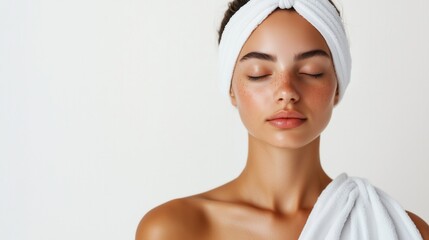 Woman with towel on the white background.	