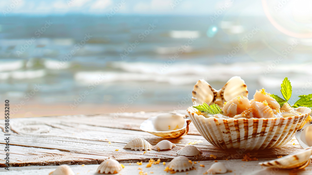 Poster seashells holding clam chowder. seaside boardwalk setting. with space for text
