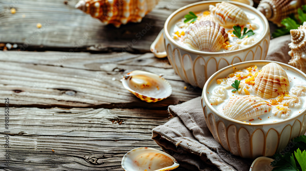 Poster seashells holding clam chowder. seaside boardwalk setting. with space for text