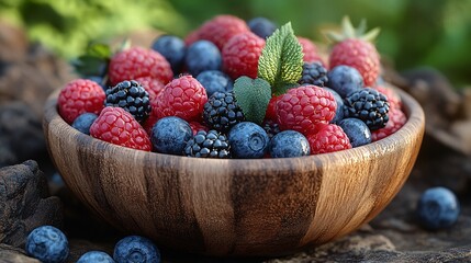 Minimalist wooden bowl filled with colorful berries, antioxidant-rich and brain health-focused, captured in a realistic style.