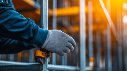 A worker&acirc;s gloved hand fastening a safety latch on the scaffolding, with the background blurred to emphasize the attention to detail and precision in maintaining site safety.