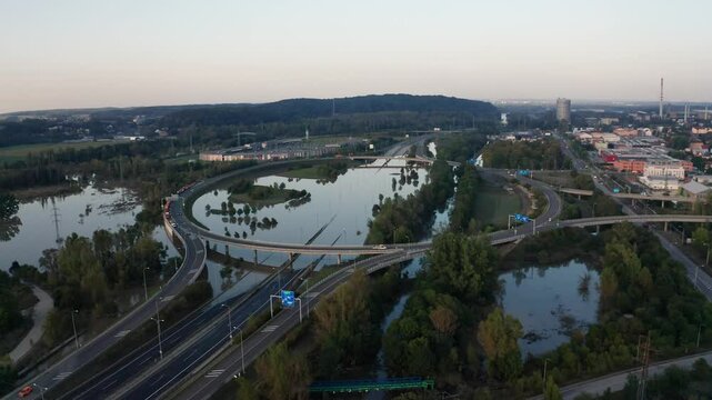 Drone shot over flooded roundabout and highway in Ostrava