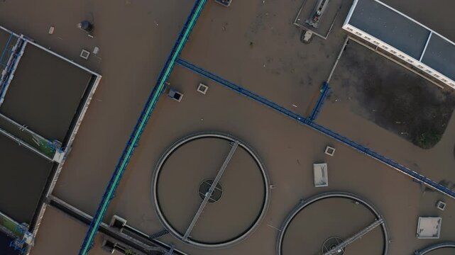 Drone top shot over flooded water treatment plant in Ostrava