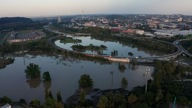 Drone shot over flooded roundabout and highway in Ostrava