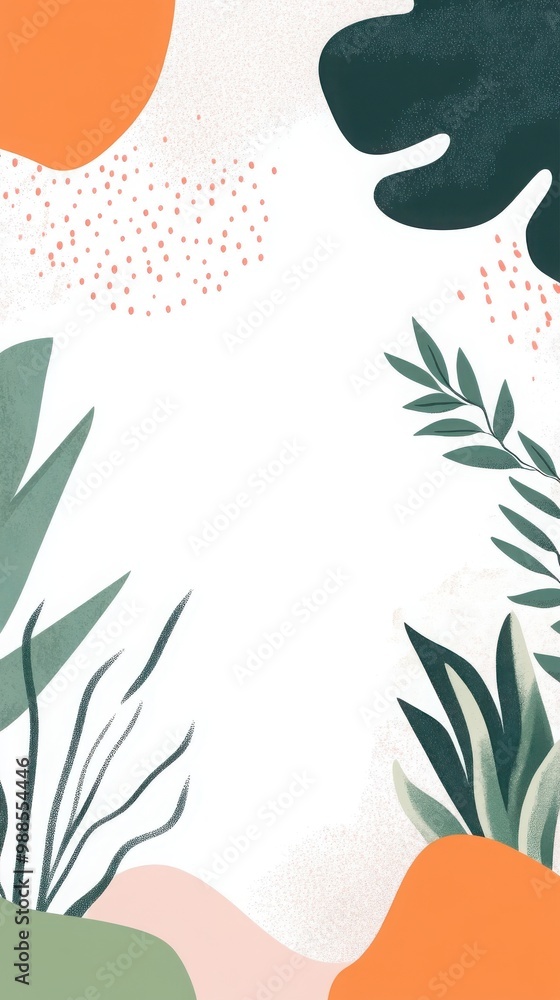 Poster abstract design with colorful shapes and green foliage on a textured background.