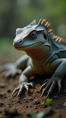 Fototapeta premium Lizard is laying on the ground with its head up