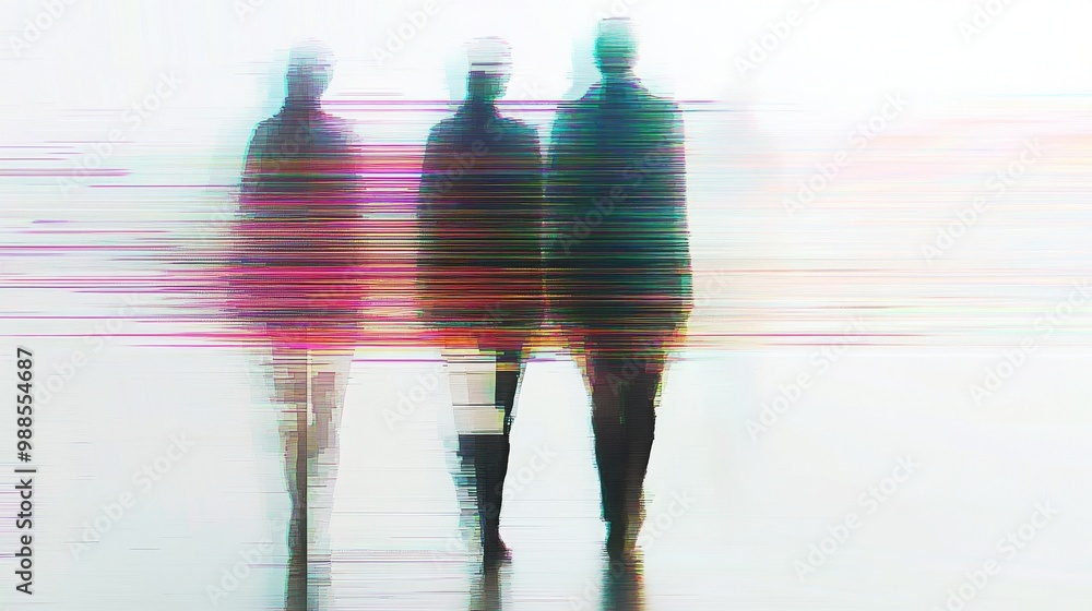 Poster abstract representation of moving figures in blurred motion against a light background.