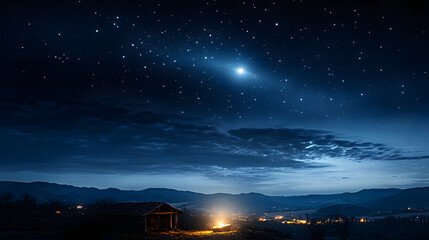 Christmas night. Comet star in night starry sky of Bethlehem. Nativity scene. Jesus Christ birth. The star shines over the manger of Jesus Christ.