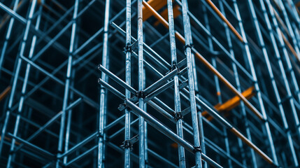Fototapeta premium Zoomed-in view of scaffolding cross-bracing, where the crisscrossed beams create a strong, reinforced framework capable of supporting heavy materials and equipment.