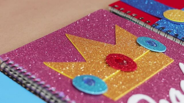 Handmade pink notebook cover with spiral, close up establisher