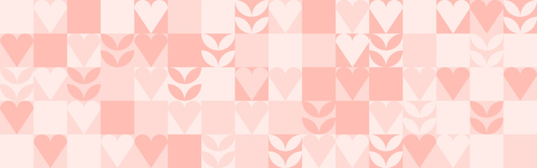Seamless pink background for Mother's Day card template. Trendy geometric shapes with circles, squares and hearts in retro style for a Valentine's Day or wedding day cover.