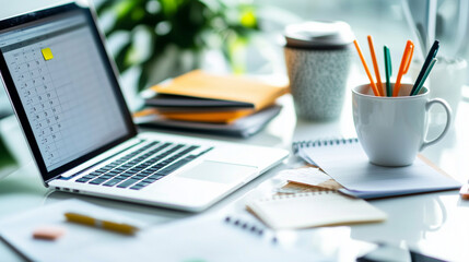 An organized white office desk setup with a laptop, calendar, colorful pens, a notepad, and a cup of herbal tea, surrounded by folders and sticky notes.