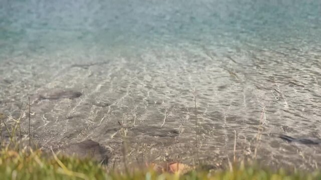 Serene lakeside with clear water, rocky shore, and peaceful sunlight reflections