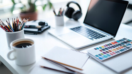 A white office desk with artistic tools, including paintbrushes, a sketchpad, colored pencils, and a coffee cup, along with a laptop and headphones.