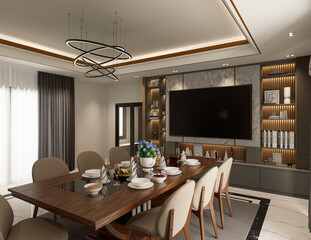 3D Rendering Interior Scene and Mockup, dinning room interior, decorate the walls with built in shelves.
