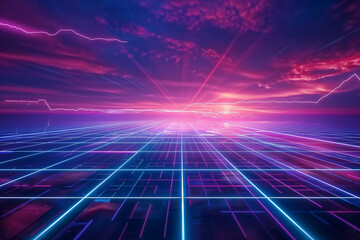 Digital Landscape with Grid and Vibrant Sunset Sky
