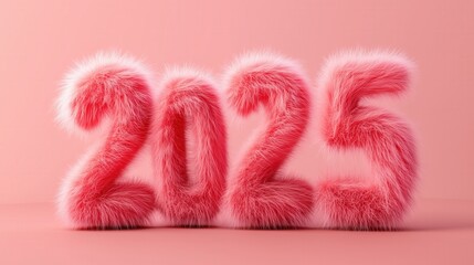 3D pink number "2025" made of fluffy fur, pink background, soft lighting and shadow effect.