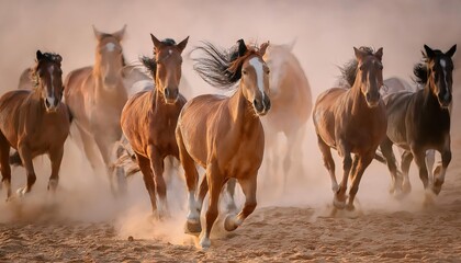 Fototapeta premium Horse portrait in motion. Horse portrait in herd in motion in desert dust. Black and white 