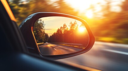A car's side mirror reflecting a road through the forest at sunset.
