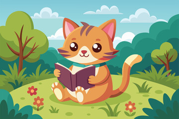 A cartoon cat sits happily reading a book in a colorful forest with trees and flowers around, a cartoon character Cute weasel cartoon reading a book
