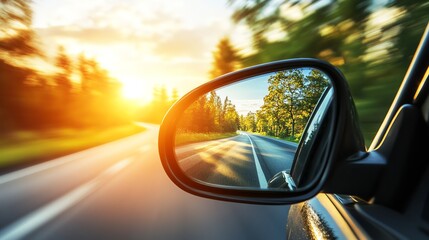 A car driving down a road with a sunset view in the rearview mirror.