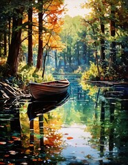 Obraz premium A tranquil scene of a wooden boat floating on a calm lake, surrounded by tall trees in autumn foliage. The colorful leaves reflect beautifully in the still water, creating a peaceful atmosphere.. AI