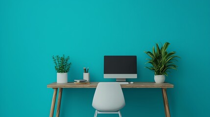 Modern workspace with a teal wall, desk, computer, and greenery for a fresh, inspiring atmosphere.