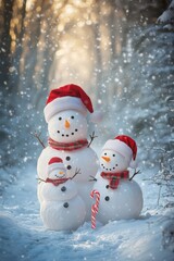 Obraz premium Cheerful Snowman Family with Santa Hats in a Snowy Winter Forest