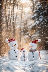 Cheerful Snowman Family with Santa Hats in a Snowy Winter Forest