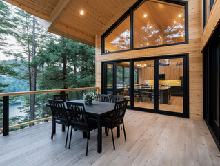 Dining room and kitchen in modern design log cabin home