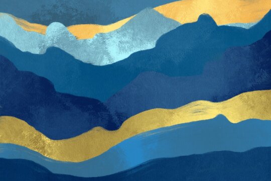 Abstract blue and gold mountain landscape illustration