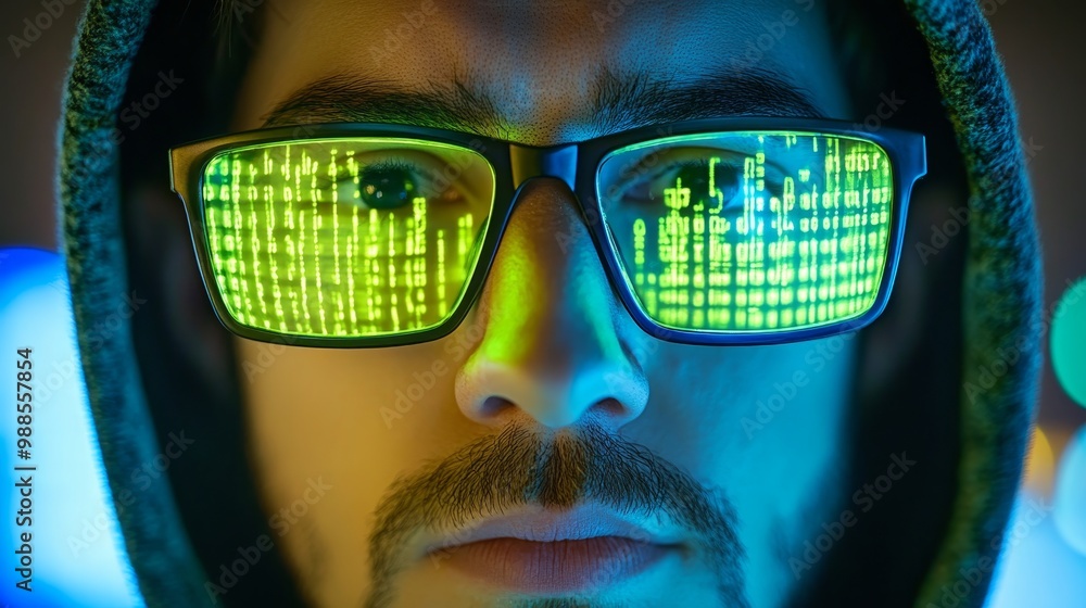 Poster cybersecurity threat, hacker in hoodie with reflective code glasses, dark web concept